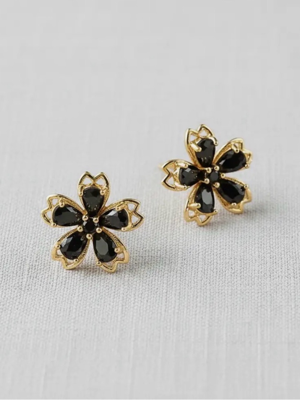 Gold and Black Floral Stud Earrings - Women Jewelry